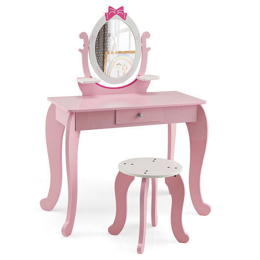 Kid Vanity Table Stool Set with Oval Rotatable Mirror-Pink-0