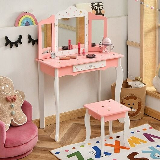 Kids Princess Vanity Table and Stool Set with Tri-folding Mirror and Drawer-Pink-0