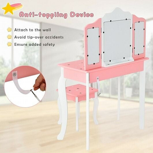 Kids Princess Vanity Table and Stool Set with Tri-folding Mirror and Drawer-Pink-1