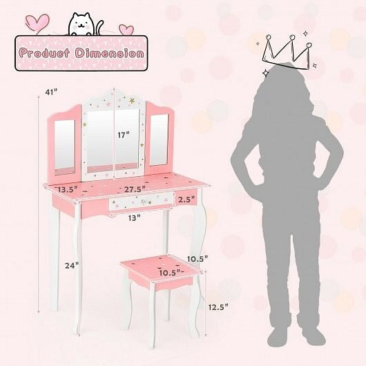 Kids Princess Vanity Table and Stool Set with Tri-folding Mirror and Drawer-Pink-2