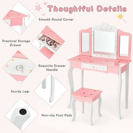 Kids Princess Vanity Table and Stool Set with Tri-folding Mirror and Drawer-Pink-3