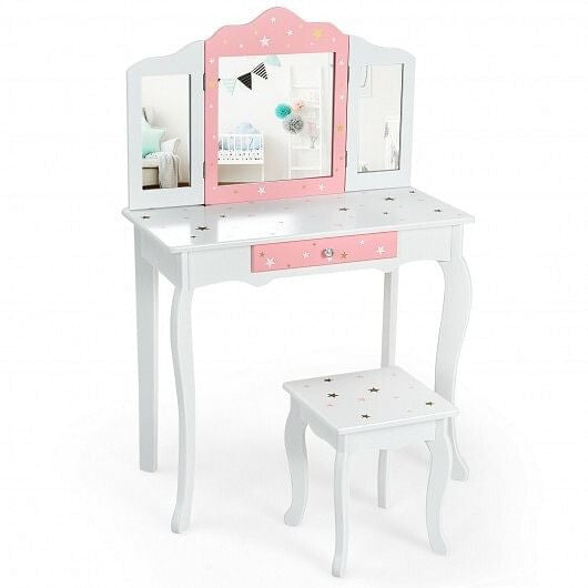 Kids Princess Vanity Table and Stool Set with Tri-folding Mirror and Drawer-Pink-4