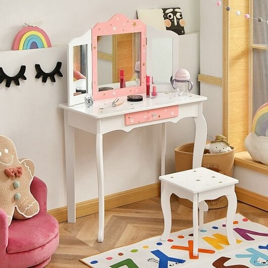 Kids Princess Vanity Table and Stool Set with Tri-folding Mirror and Drawer-Pink-5