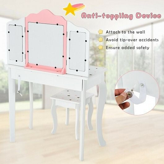 Kids Princess Vanity Table and Stool Set with Tri-folding Mirror and Drawer-Pink-6