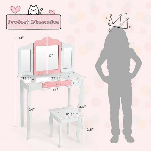 Kids Princess Vanity Table and Stool Set with Tri-folding Mirror and Drawer-Pink-7