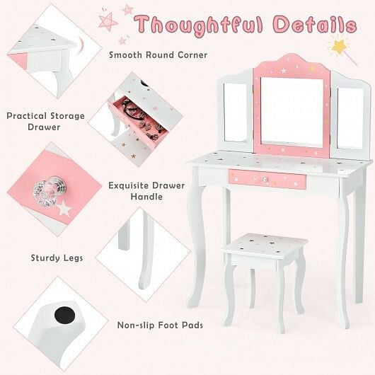 Kids Princess Vanity Table and Stool Set with Tri-folding Mirror and Drawer-Pink-8