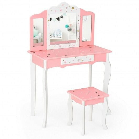 Kids Princess Vanity Table and Stool Set with Tri-folding Mirror and Drawer-Pink-9