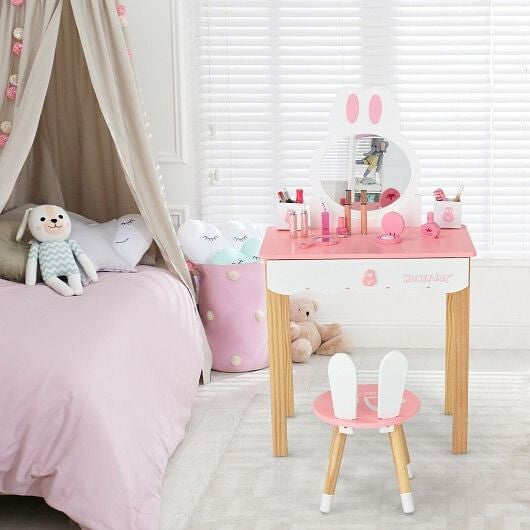 Kids Vanity Set Rabbit Makeup Dressing Table Chair Set with Mirror and Drawer-White-0