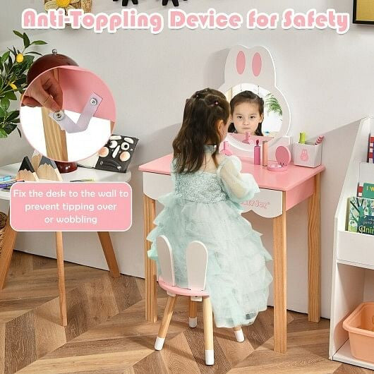 Kids Vanity Set Rabbit Makeup Dressing Table Chair Set with Mirror and Drawer-White-1
