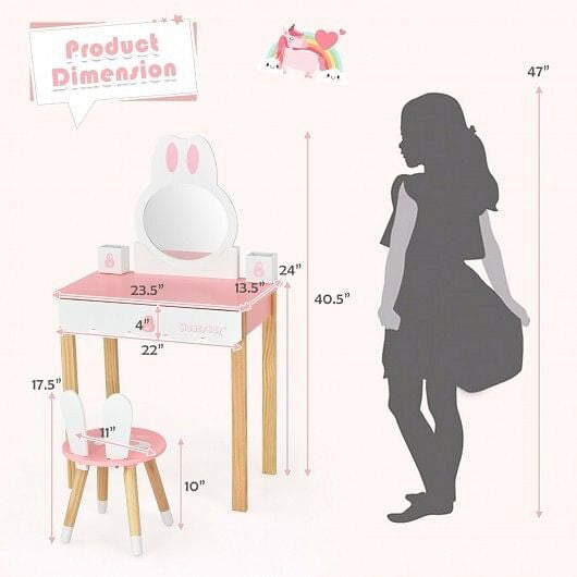 Kids Vanity Set Rabbit Makeup Dressing Table Chair Set with Mirror and Drawer-White-2