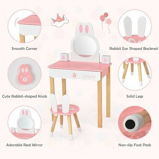 Kids Vanity Set Rabbit Makeup Dressing Table Chair Set with Mirror and Drawer-White-3