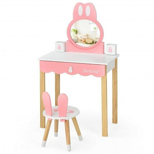 Kids Vanity Set Rabbit Makeup Dressing Table Chair Set with Mirror and Drawer-White-4