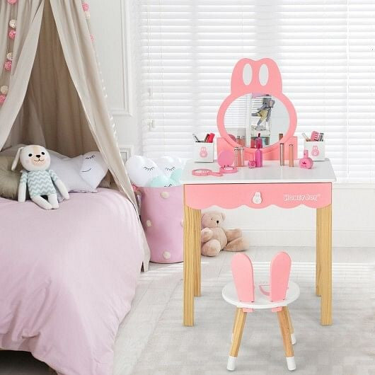 Kids Vanity Set Rabbit Makeup Dressing Table Chair Set with Mirror and Drawer-White-5
