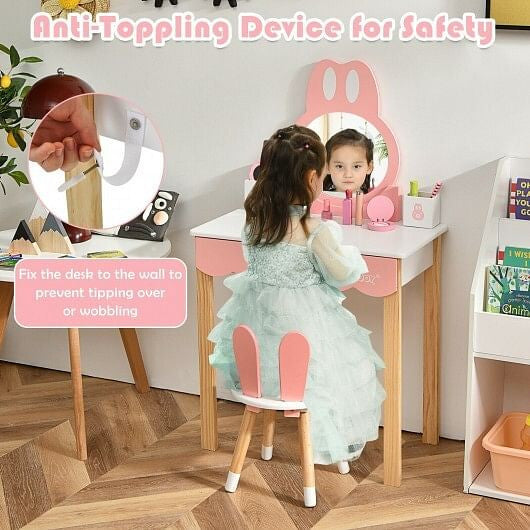 Kids Vanity Set Rabbit Makeup Dressing Table Chair Set with Mirror and Drawer-White-6