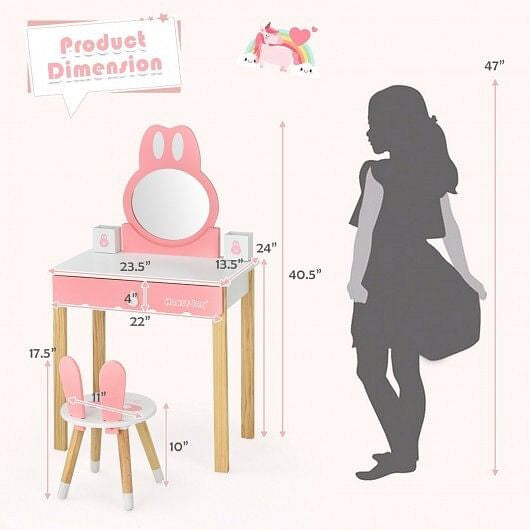 Kids Vanity Set Rabbit Makeup Dressing Table Chair Set with Mirror and Drawer-White-7