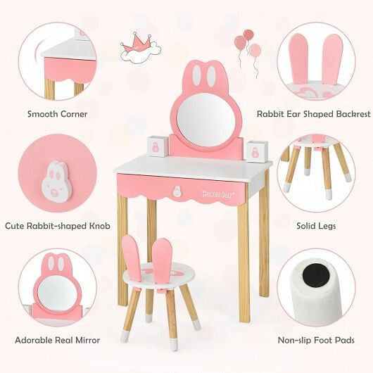 Kids Vanity Set Rabbit Makeup Dressing Table Chair Set with Mirror and Drawer-White-8