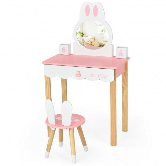 Kids Vanity Set Rabbit Makeup Dressing Table Chair Set with Mirror and Drawer-White-9