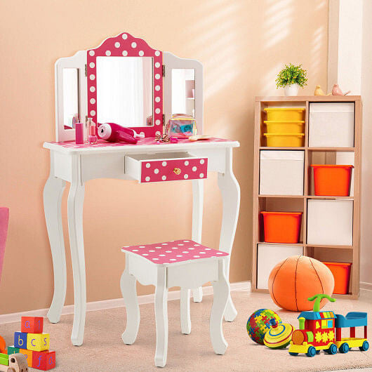 Kids Vanity Table and Stool Set with Cute Polka Dot Print-Pink-1