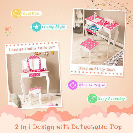 Kids Vanity Table and Stool Set with Cute Polka Dot Print-Pink-3