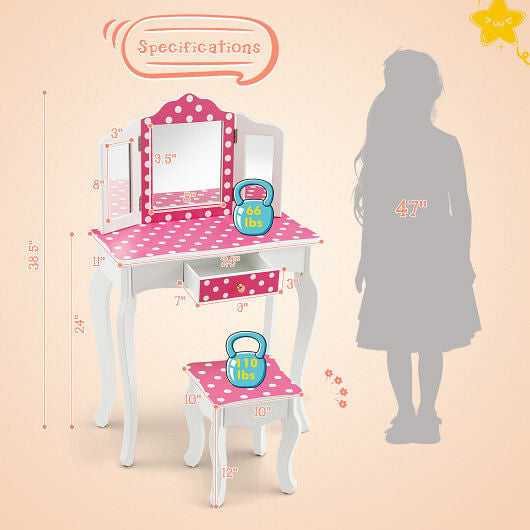 Kids Vanity Table and Stool Set with Cute Polka Dot Print-Pink-4