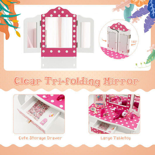 Kids Vanity Table and Stool Set with Cute Polka Dot Print-Pink-2