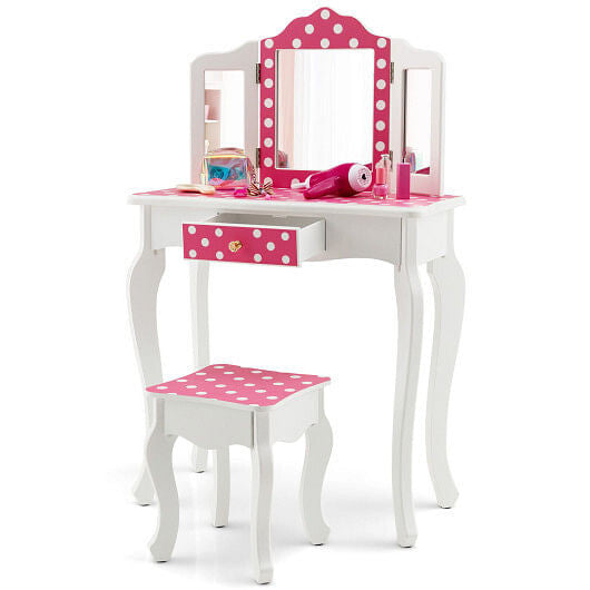 Kids Vanity Table and Stool Set with Cute Polka Dot Print-Pink-0