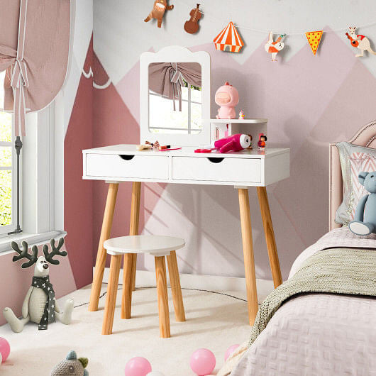 Kid Vanity Table Chair Set with Mirror and 2 Large Storage Drawers-White-1