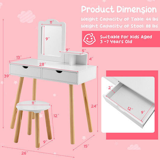 Kid Vanity Table Chair Set with Mirror and 2 Large Storage Drawers-White-4