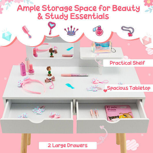 Kid Vanity Table Chair Set with Mirror and 2 Large Storage Drawers-White-2