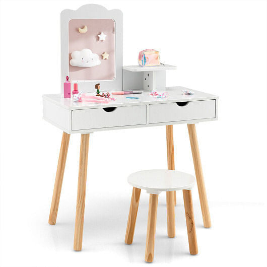 Kid Vanity Table Chair Set with Mirror and 2 Large Storage Drawers-White-0