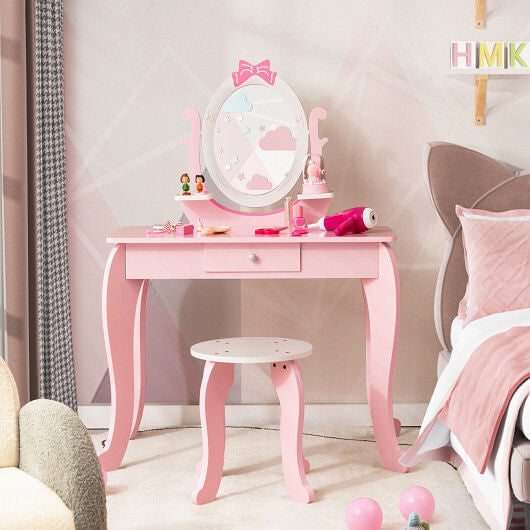 Kid Vanity Table Stool Set with Oval Rotatable Mirror-Pink-1
