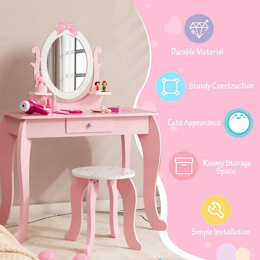 Kid Vanity Table Stool Set with Oval Rotatable Mirror-Pink-3
