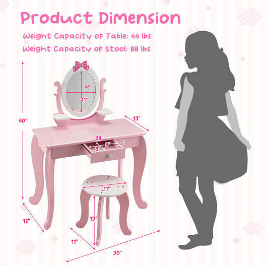 Kid Vanity Table Stool Set with Oval Rotatable Mirror-Pink-4