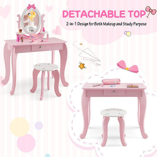 Kid Vanity Table Stool Set with Oval Rotatable Mirror-Pink-2