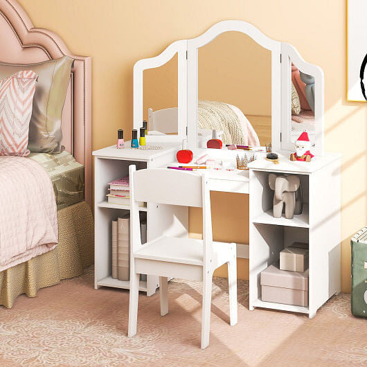 Kids Vanity Table and Chair Set with Removable Tri-Folding Mirror-White-0