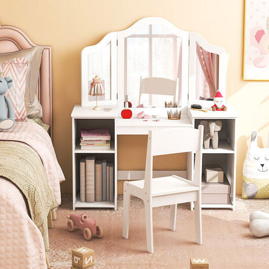 Kids Vanity Table and Chair Set with Removable Tri-Folding Mirror-White-1