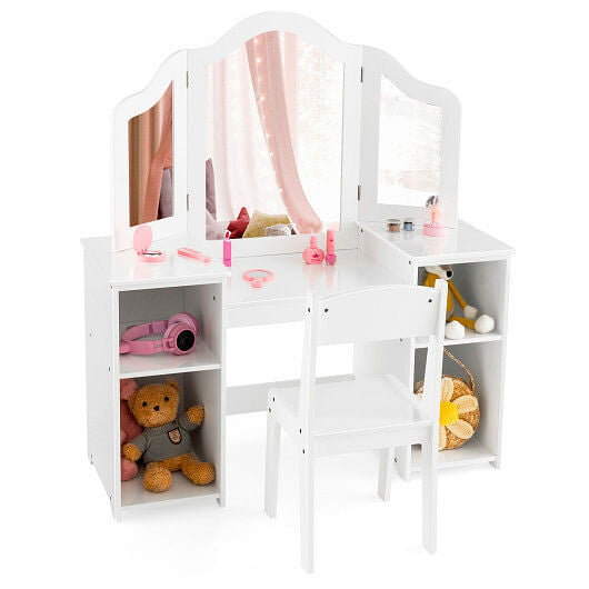 Kids Vanity Table and Chair Set with Removable Tri-Folding Mirror-White-2