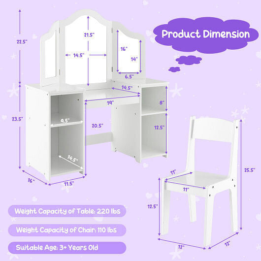 Kids Vanity Table and Chair Set with Removable Tri-Folding Mirror-White-3