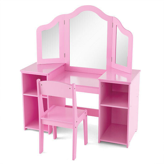 Kids Vanity Table and Chair Set with Removable Tri-Folding Mirror-White-4