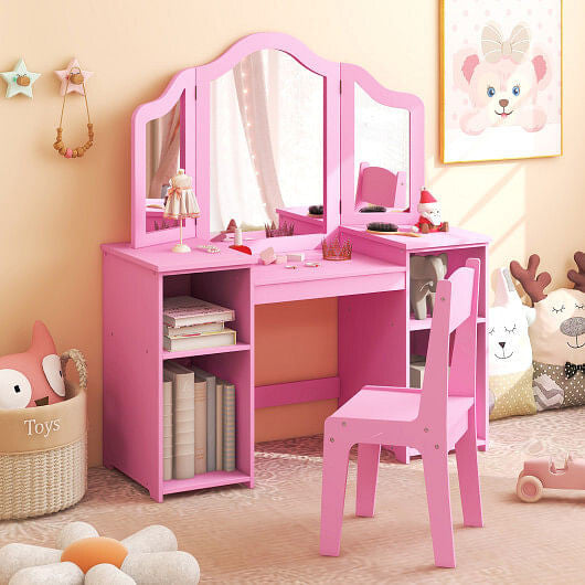 Kids Vanity Table and Chair Set with Removable Tri-Folding Mirror-White-5