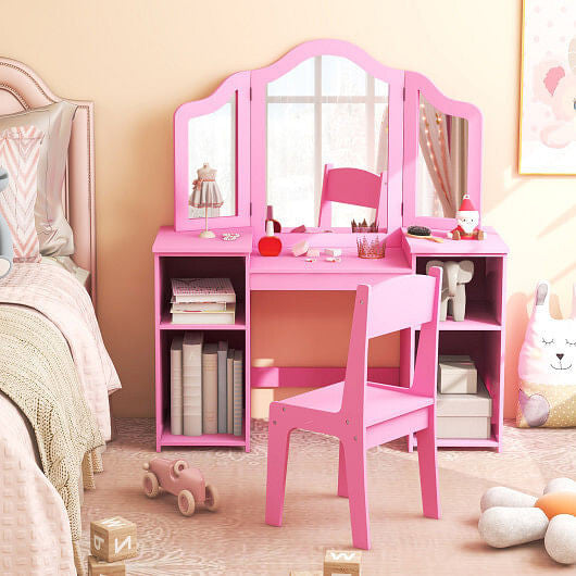 Kids Vanity Table and Chair Set with Removable Tri-Folding Mirror-White-6