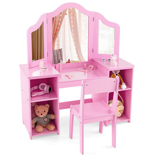 Kids Vanity Table and Chair Set with Removable Tri-Folding Mirror-White-7