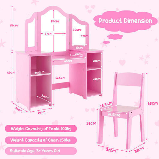 Kids Vanity Table and Chair Set with Removable Tri-Folding Mirror-White-8