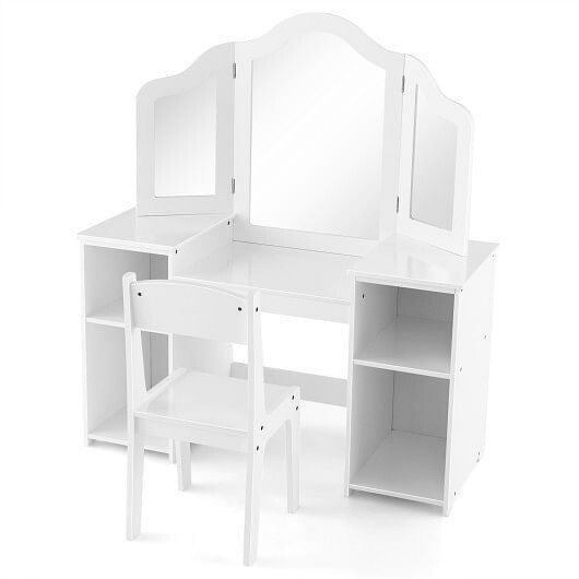 Kids Vanity Table and Chair Set with Removable Tri-Folding Mirror-White-9