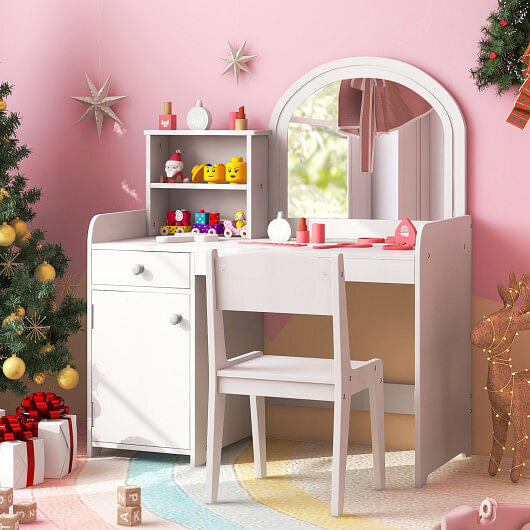 Kids Vanity Table and Chair Set with Shelves Drawer and Cabinet-White-0