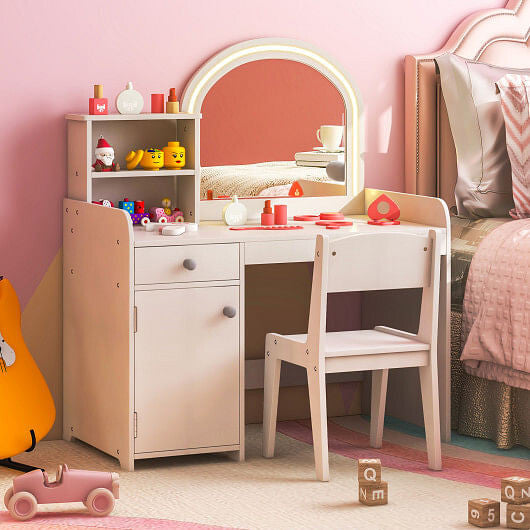 Kids Vanity Table and Chair Set with Shelves Drawer and Cabinet-White-1