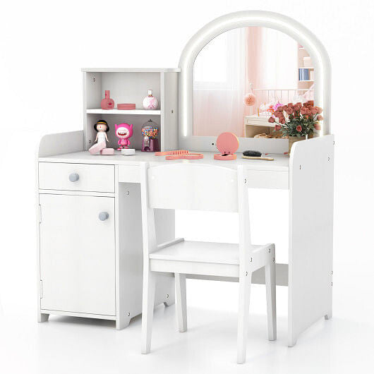 Kids Vanity Table and Chair Set with Shelves Drawer and Cabinet-White-2
