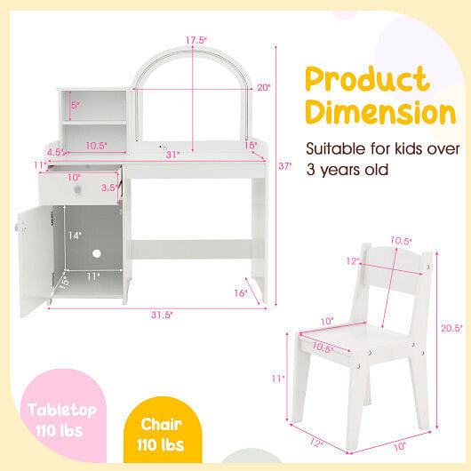Kids Vanity Table and Chair Set with Shelves Drawer and Cabinet-White-3