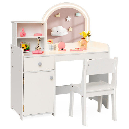 Kids Vanity Table and Chair Set with Shelves Drawer and Cabinet-White-4
