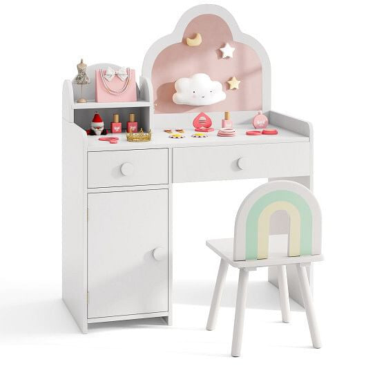 Kids Vanity Table and Chair Set with Cloud-shaped Mirror and Open Shelf-White-0